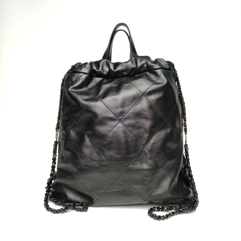 CHANEL 22Bag帶手柄雙肩包大號黑色牛皮晶片黑扣肩背包-2