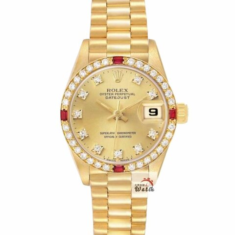 【大眾名錶】ROLEX 勞力士69178 Datejust 蠔式女錶 18K金 金色十鑽面盤 後加紅寶鑽石圈 錶徑26mm 自動上鍊 大眾名錶G256