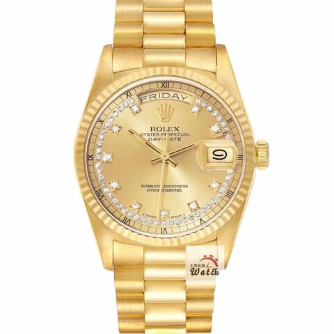 【大眾名錶】ROLEX 勞力士18238 Day-Date 蠔式18K 原廠錶帶未整理 市場少有 多層鑽鑽石時標面盤 底蓋原廠貼紙 大眾名錶G256