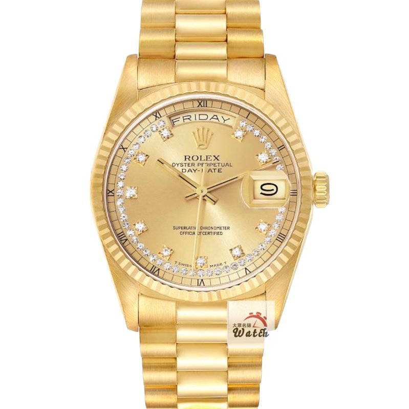 【大眾名錶】ROLEX 勞力士18238 Day-Date 蠔式18K 原廠錶帶未整理 市場少有 多層鑽鑽石時標面盤 底蓋原廠貼紙 大眾名錶G255-0