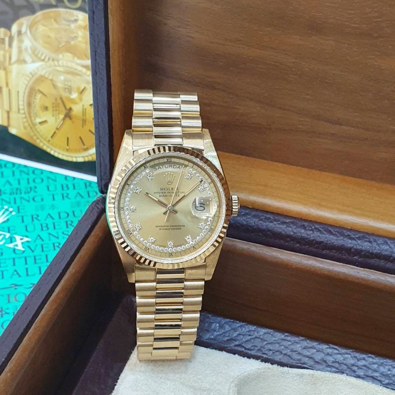 【大眾名錶】ROLEX 勞力士18238 Day-Date 蠔式18K 原廠錶帶未整理 市場少有 多層鑽鑽石時標面盤 底蓋原廠貼紙 大眾名錶G255-1