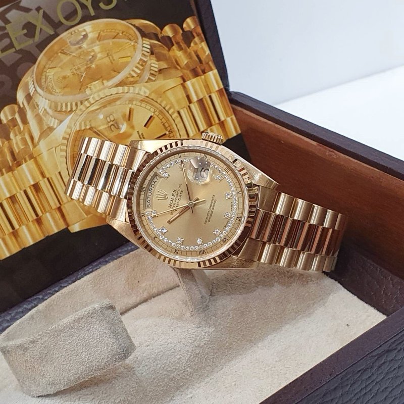 【大眾名錶】ROLEX 勞力士18238 Day-Date 蠔式18K 原廠錶帶未整理 市場少有 多層鑽鑽石時標面盤 底蓋原廠貼紙 大眾名錶G255-2
