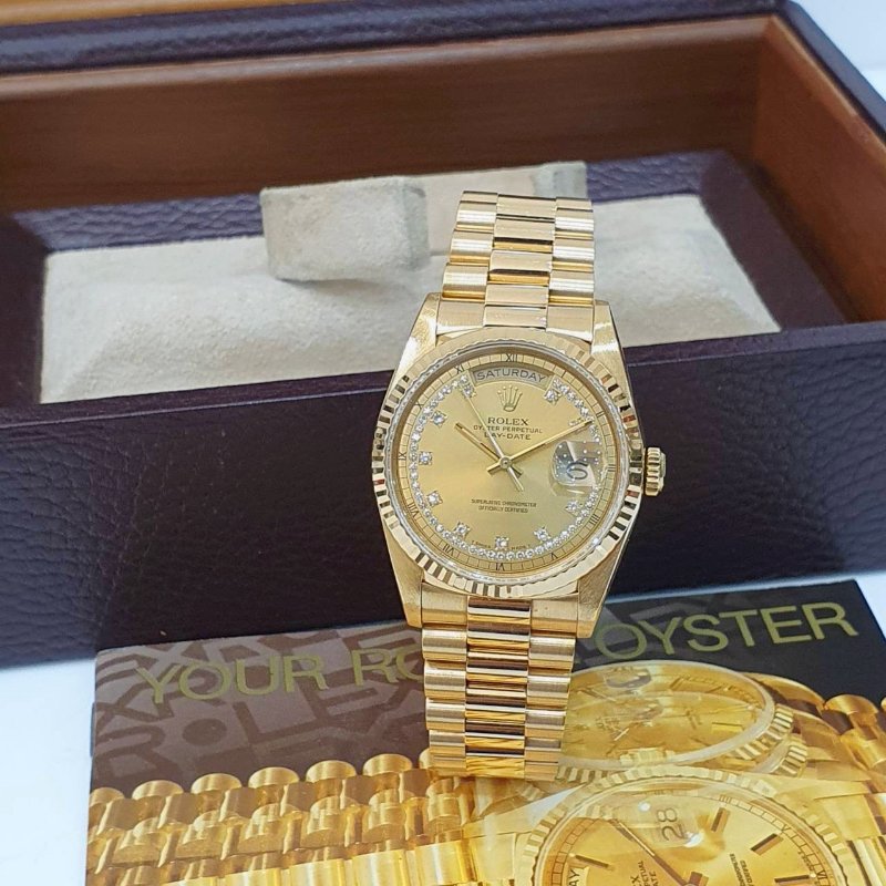 【大眾名錶】ROLEX 勞力士18238 Day-Date 蠔式18K 原廠錶帶未整理 市場少有 多層鑽鑽石時標面盤 底蓋原廠貼紙 大眾名錶G255-3