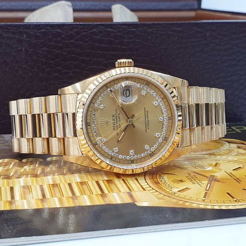 【大眾名錶】ROLEX 勞力士18238 Day-Date 蠔式18K 原廠錶帶未整理 市場少有 多層鑽鑽石時標面盤 底蓋原廠貼紙 大眾名錶G255-4