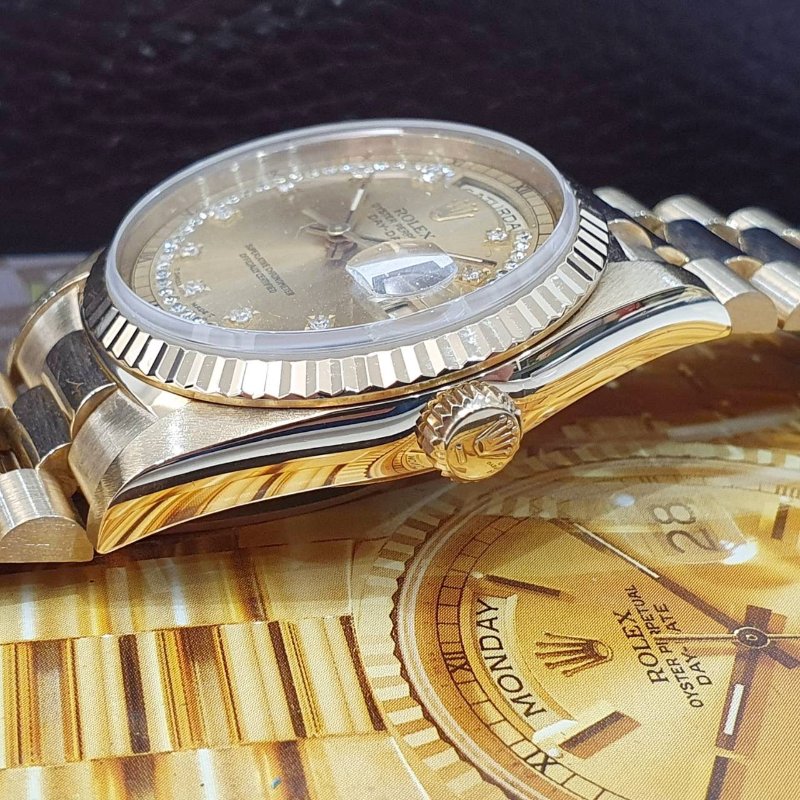 【大眾名錶】ROLEX 勞力士18238 Day-Date 蠔式18K 原廠錶帶未整理 市場少有 多層鑽鑽石時標面盤 底蓋原廠貼紙 大眾名錶G255-5