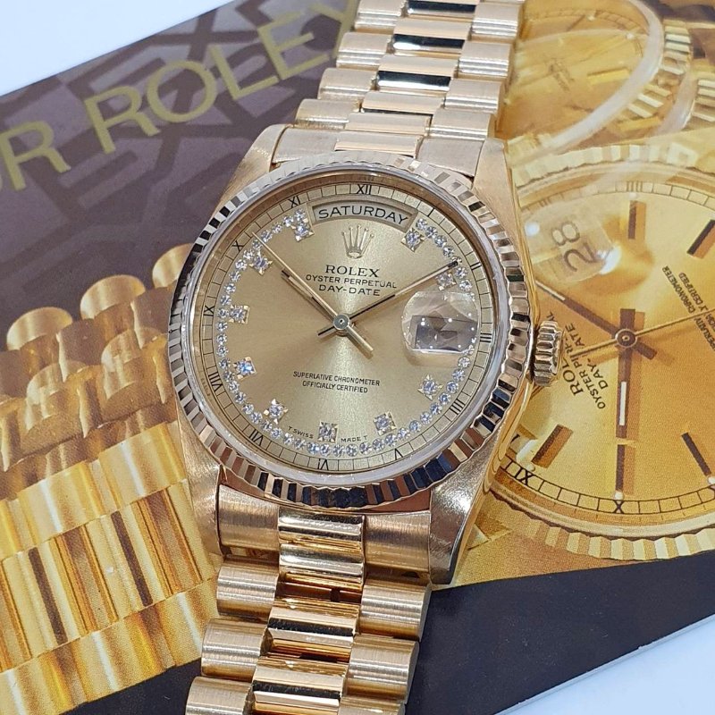 【大眾名錶】ROLEX 勞力士18238 Day-Date 蠔式18K 原廠錶帶未整理 市場少有 多層鑽鑽石時標面盤 底蓋原廠貼紙 大眾名錶G255-8