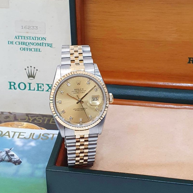 【大眾名錶】ROLEX 勞力士16233 Datejust 蠔式半金 經典錶款 太陽圈 金色十鑽面盤 錶徑36mm 自動上鍊 大眾名錶B1276-1