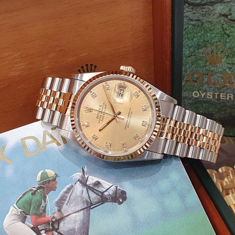 【大眾名錶】ROLEX 勞力士16233 Datejust 蠔式半金 經典錶款 太陽圈 金色十鑽面盤 錶徑36mm 自動上鍊 大眾名錶B1276-2