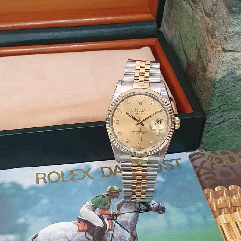 【大眾名錶】ROLEX 勞力士16233 Datejust 蠔式半金 經典錶款 太陽圈 金色十鑽面盤 錶徑36mm 自動上鍊 大眾名錶B1276-3