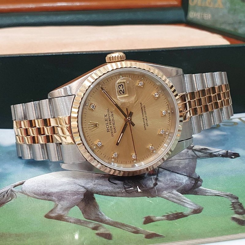 【大眾名錶】ROLEX 勞力士16233 Datejust 蠔式半金 經典錶款 太陽圈 金色十鑽面盤 錶徑36mm 自動上鍊 大眾名錶B1276-4