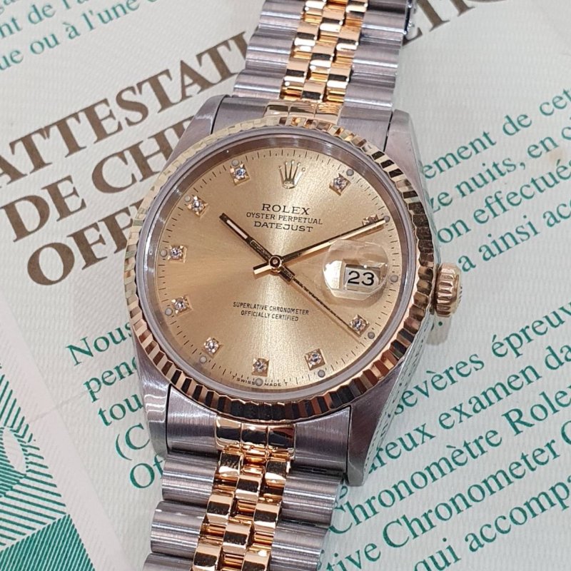 【大眾名錶】ROLEX 勞力士16233 Datejust 蠔式半金 經典錶款 太陽圈 金色十鑽面盤 錶徑36mm 自動上鍊 大眾名錶B1276-5