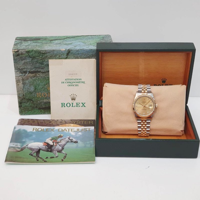 【大眾名錶】ROLEX 勞力士16233 Datejust 蠔式半金 經典錶款 太陽圈 金色十鑽面盤 錶徑36mm 自動上鍊 大眾名錶B1276-9
