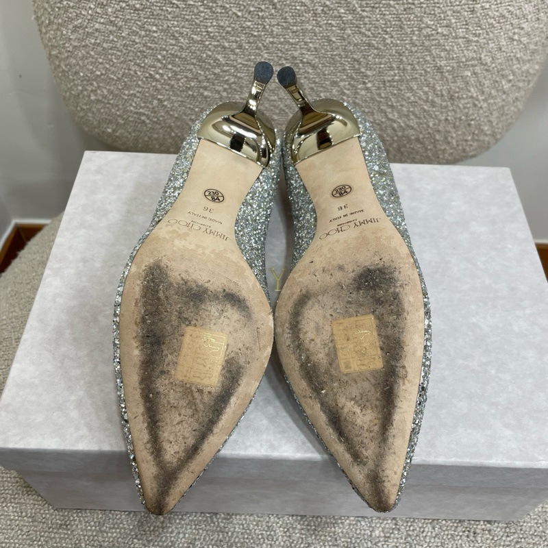 jimmychoo 銀色閃片高跟鞋 36碼 鞋跟8cm 🈶盒-8