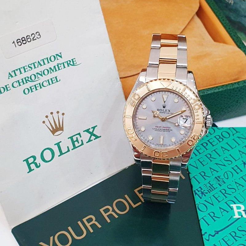 【大眾名錶】ROLEX 勞力士168623 Yacht-Master 中型款 遊艇名仕 黃K金錶圈 灰色面盤 錶徑35mm 自動上鍊 大眾名錶B1278-1