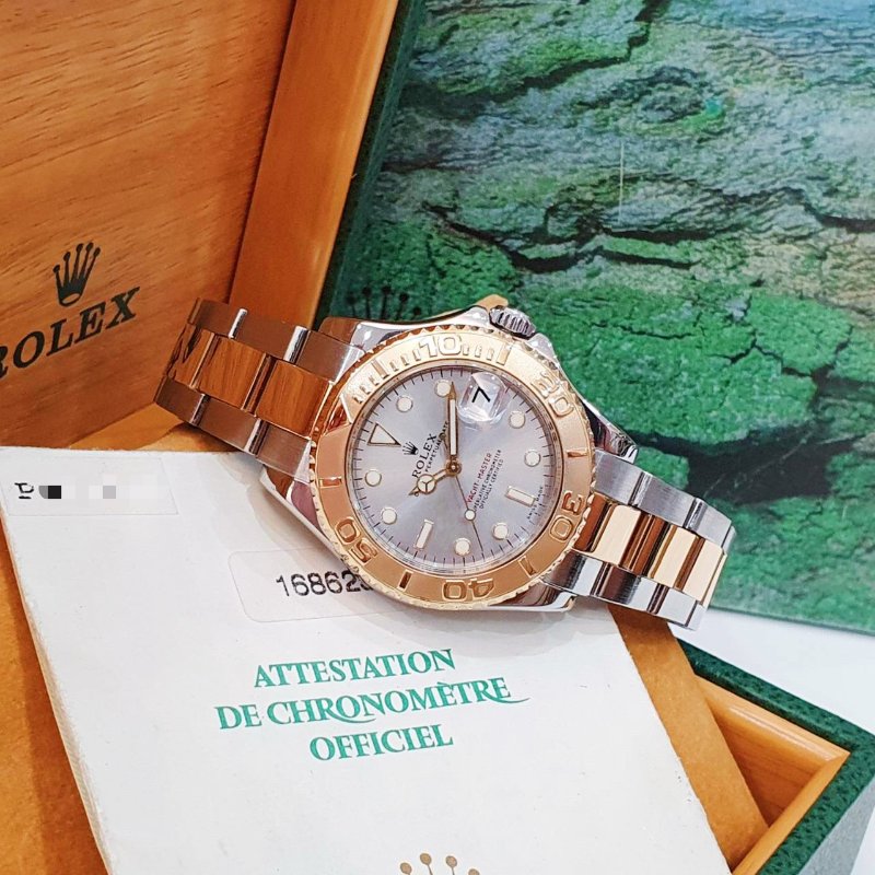 【大眾名錶】ROLEX 勞力士168623 Yacht-Master 中型款 遊艇名仕 黃K金錶圈 灰色面盤 錶徑35mm 自動上鍊 大眾名錶B1278-2
