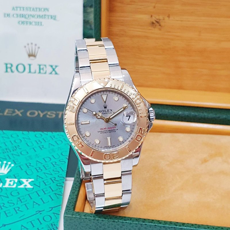 【大眾名錶】ROLEX 勞力士168623 Yacht-Master 中型款 遊艇名仕 黃K金錶圈 灰色面盤 錶徑35mm 自動上鍊 大眾名錶B1278-3