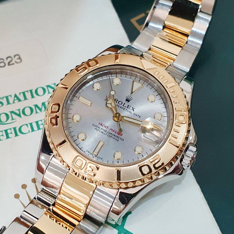 【大眾名錶】ROLEX 勞力士168623 Yacht-Master 中型款 遊艇名仕 黃K金錶圈 灰色面盤 錶徑35mm 自動上鍊 大眾名錶B1278-5