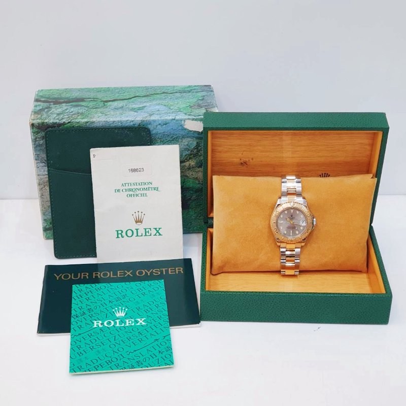 【大眾名錶】ROLEX 勞力士168623 Yacht-Master 中型款 遊艇名仕 黃K金錶圈 灰色面盤 錶徑35mm 自動上鍊 大眾名錶B1278-9