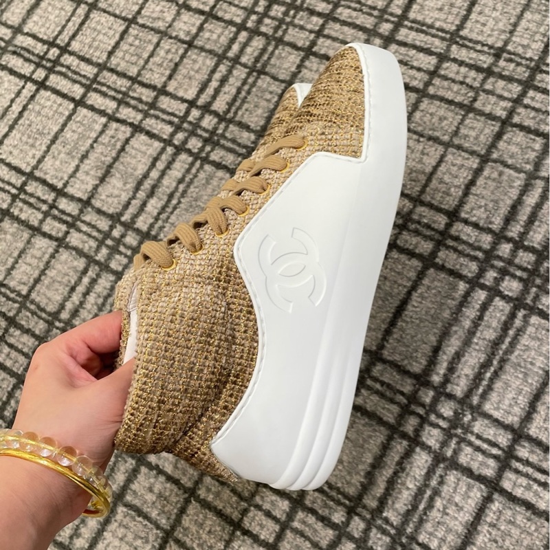 僅試穿CHANEL香奈兒 PVC白拼香檳金毛呢高幫板鞋 35.5碼。-0