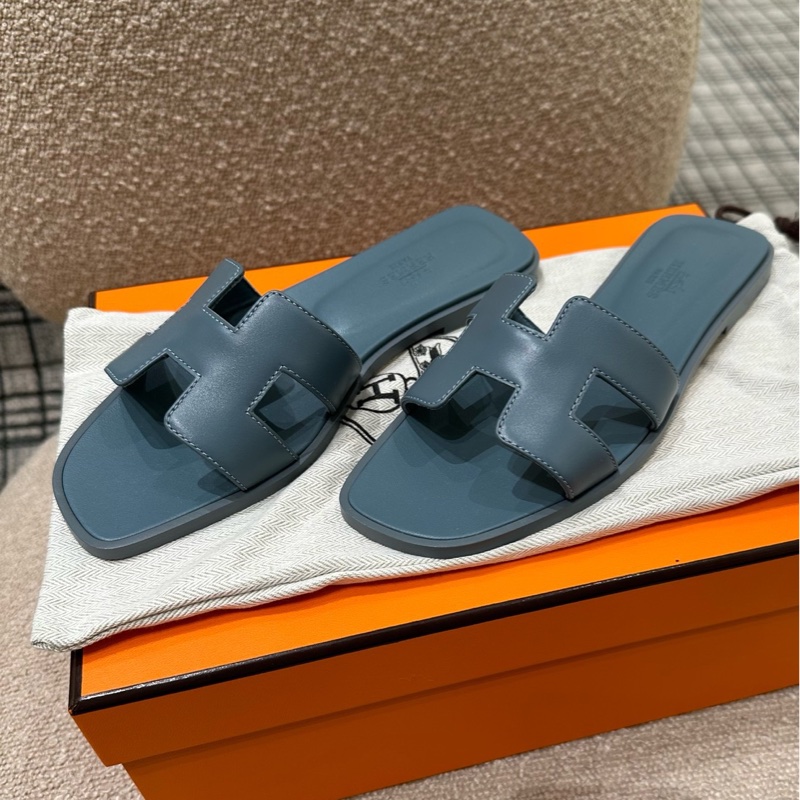 Hermes 愛馬仕 霧霾藍H女 拖鞋 36.5碼附件：塵袋+盒-0