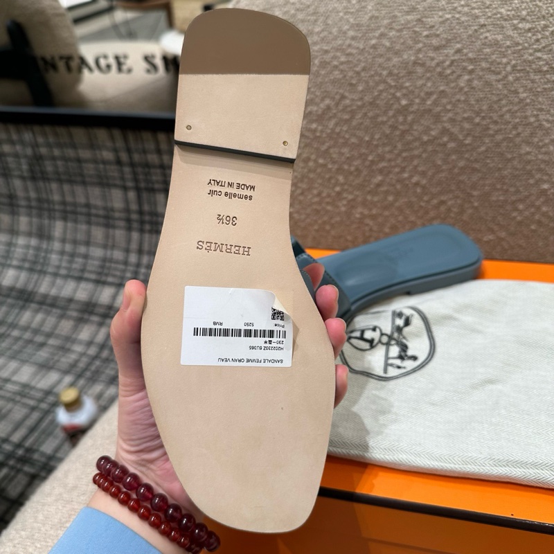 Hermes 愛馬仕 霧霾藍H女 拖鞋 36.5碼附件：塵袋+盒-4
