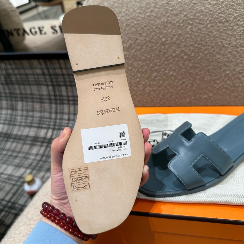 Hermes 愛馬仕 霧霾藍H女 拖鞋 36.5碼附件：塵袋+盒-5