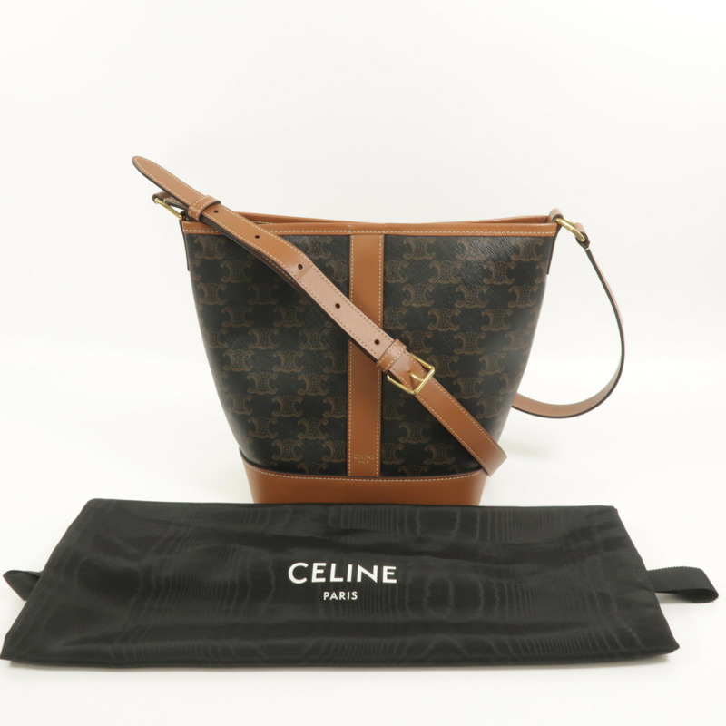 CELINE 塗層帆布/牛皮皮革Triomphe Small Bucket肩背袋-8