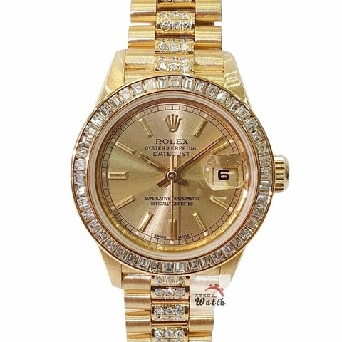 【大眾名錶】ROLEX 勞力士69178 Datejust 女錶蠔式18K 精鑲方鑽鑽圈 精鑲鑽帶 金色布紋T柱面盤 底蓋貼紙 大眾名錶G262