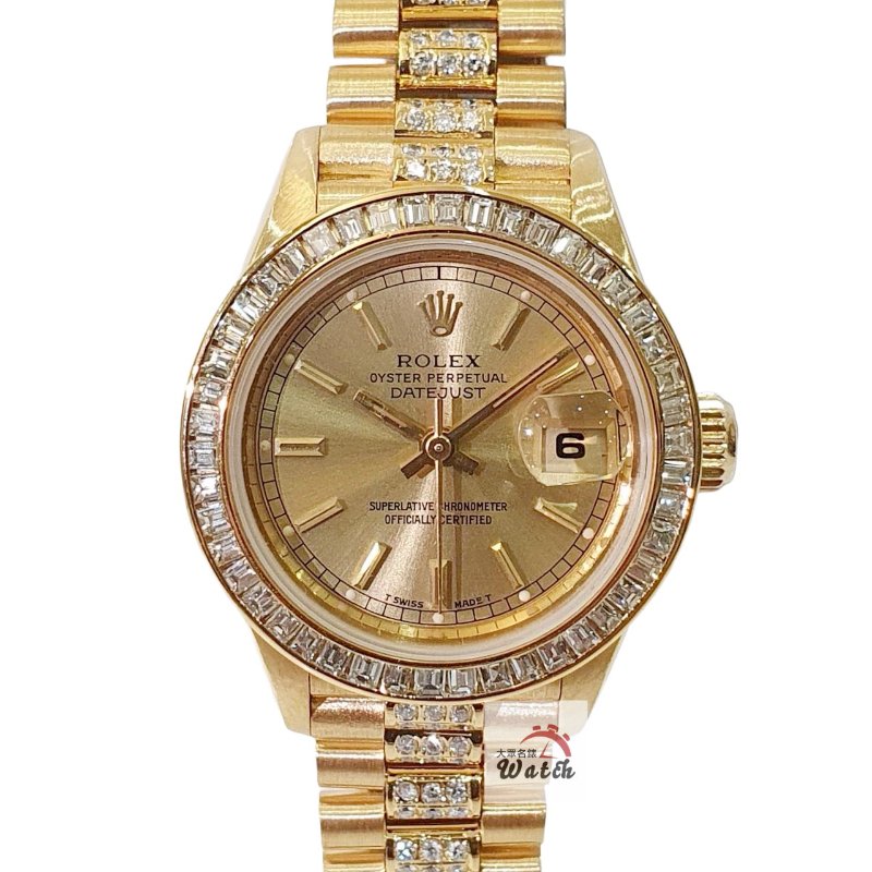 【大眾名錶】ROLEX 勞力士69178 Datejust 女錶蠔式18K 精鑲方鑽鑽圈 精鑲鑽帶 金色布紋T柱面盤 底蓋貼紙 大眾名錶G262-0