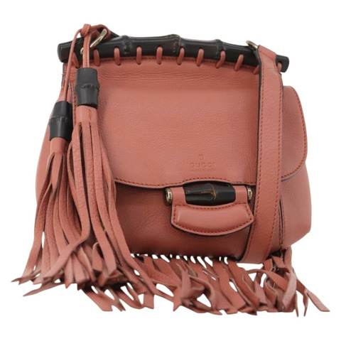 GUCCI 竹節肩背包 皮革 粉紅色 金飾 正品 YKZ1198V