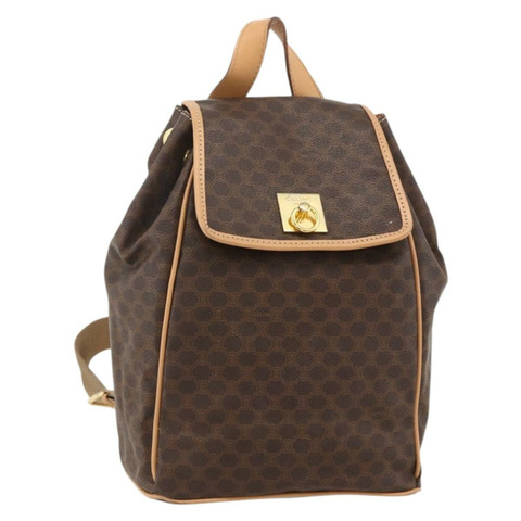 CELINE Macadam帆布雙肩包 PVC皮革 棕色 金色 Auth am11330A