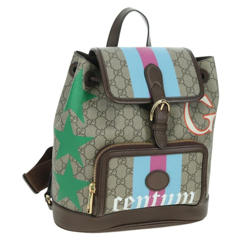 GUCCI GG Supreme 互扣式雙肩包 PVC 米金色 674147 正品 YKZ1279M
