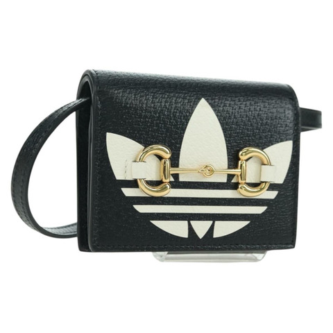 GUCCI 馬銜扣肩挎皮夾 皮革 Adidas 黑色金色 702248 正品 YKZ1233M