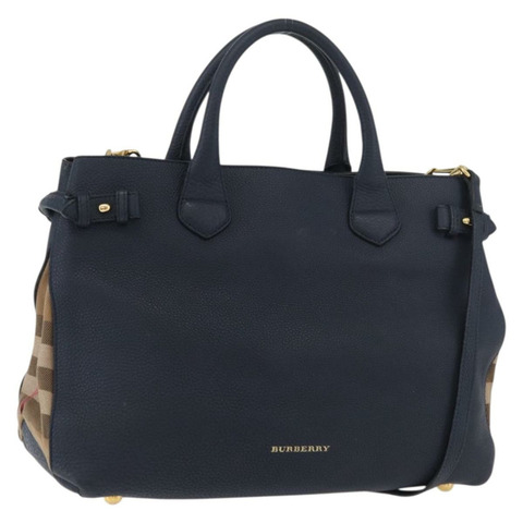 BURBERRY 手提包 皮革帆布 兩用 海軍藍 金色 正品 ka4045A