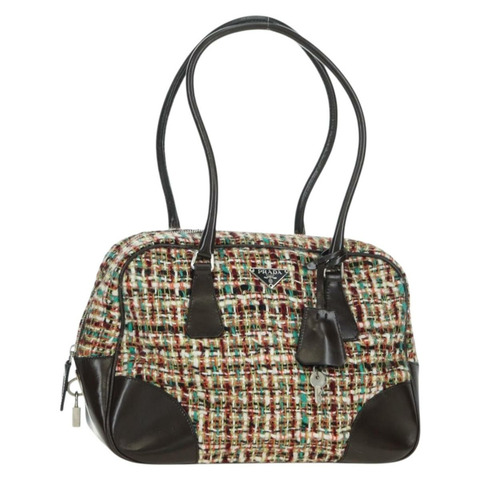 PRADA 斜紋軟呢多色銀色單肩包 正品 yk20245SAM