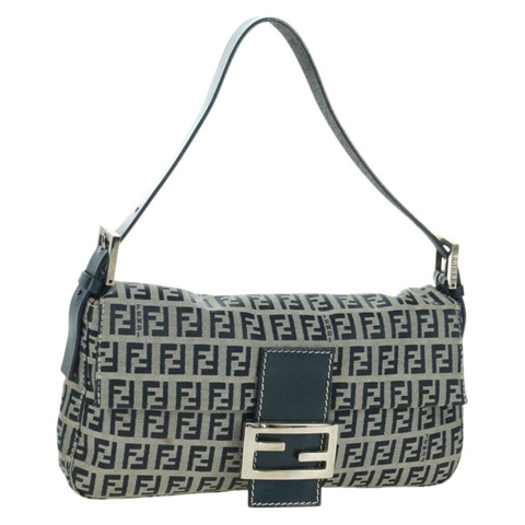 FENDI Zucchino 帆布 Mamma Baguette 單肩包 海軍藍/銀色 正品 yk20229SAM