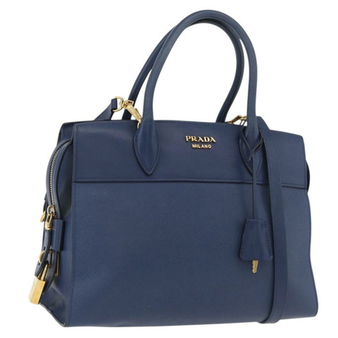 PRADA Esplanade 手提包 皮革 2way Blue Gold Auth ka4009A
