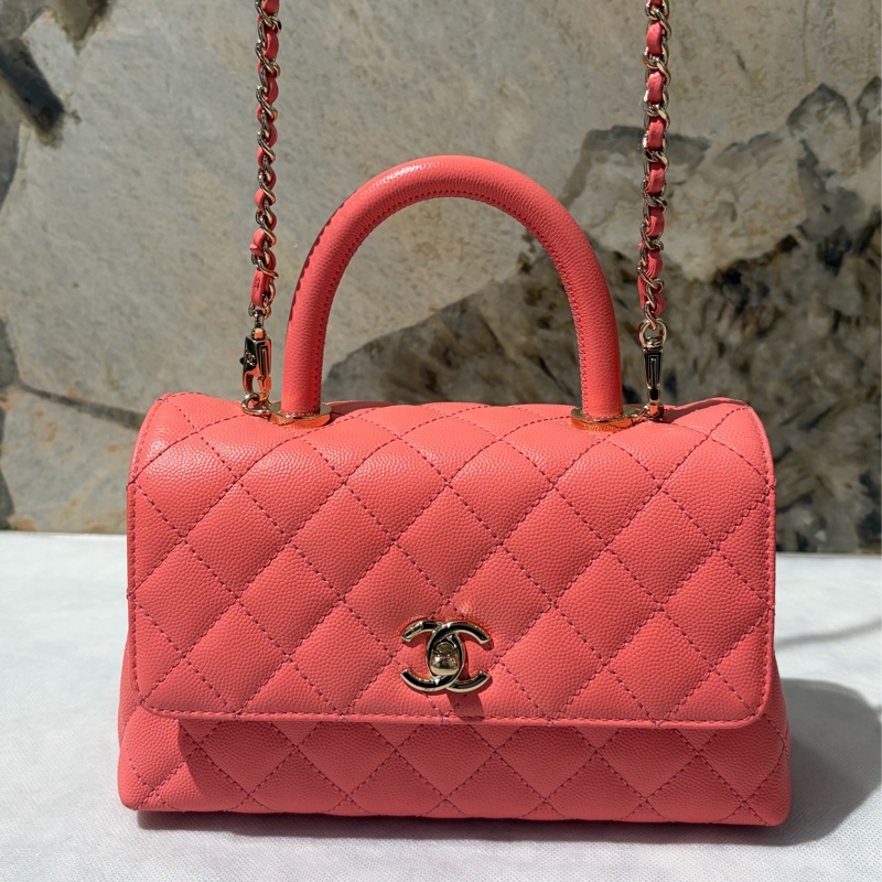 CHANEL粉荔枝牛皮淡金釦COCO-16