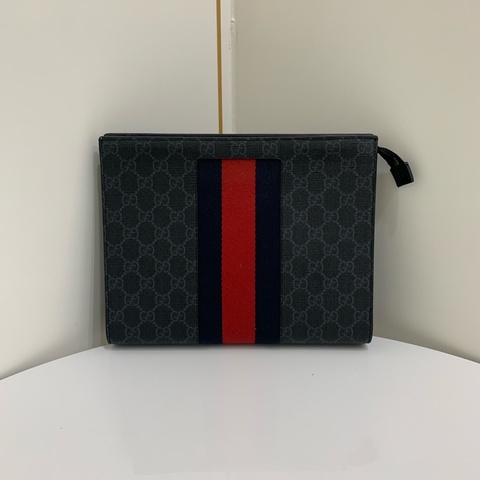 Gucci/古馳 老花配黑紅條紋手拿包 尺寸；25.5*5*20  🈚附件