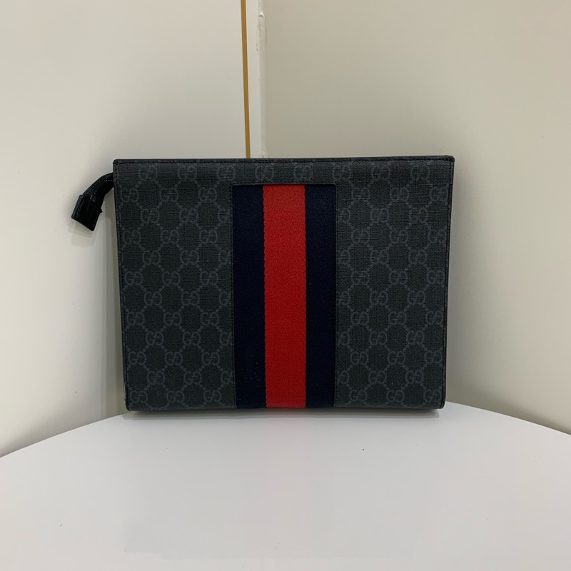 Gucci/古馳 老花配黑紅條紋手拿包 尺寸；25.5*5*20  🈚附件-1