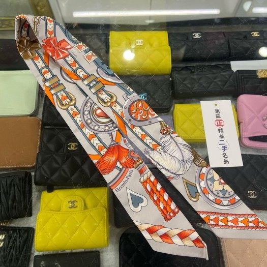 東區正精品㊣ HERMES Twilly 愛馬仕橘藍灰圖騰絲巾RZ6393-2