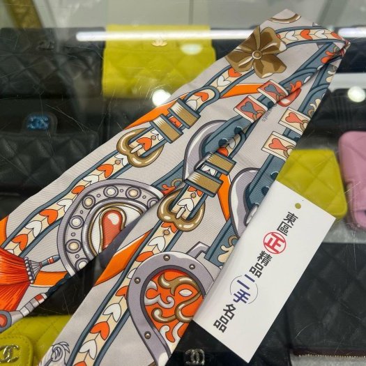 東區正精品㊣ HERMES Twilly 愛馬仕橘藍灰圖騰絲巾RZ6393-5