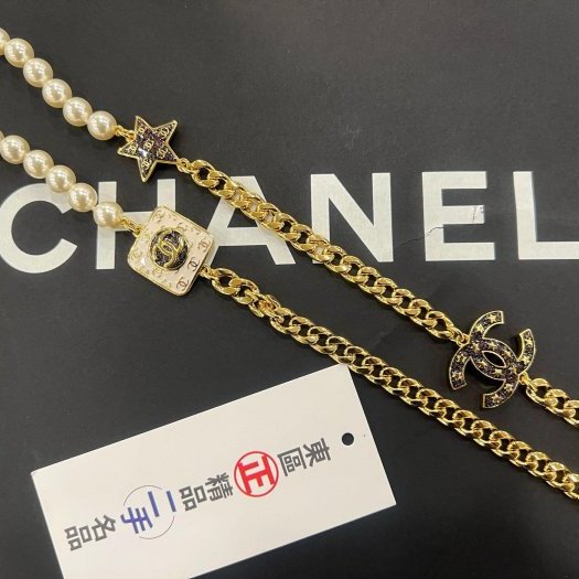 東區正精品㊣CHANEL 香奈兒金色雙C Logo 星星珍珠長項鍊 RZ6394-1