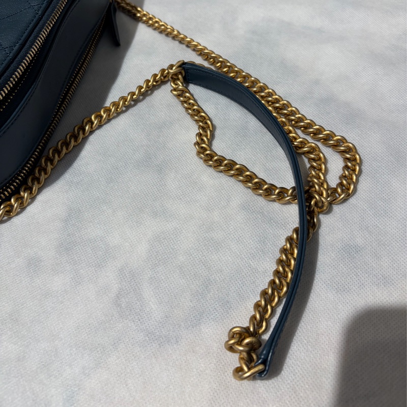 Chanel藍綠色金釦相機雙層斜背包-9