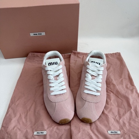 MIU MIU繆繆 Plume 絨面革 圓頭系帶德訓鞋 粉色   36碼