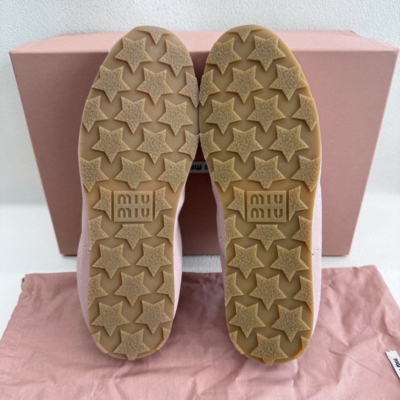 MIU MIU繆繆 Plume 絨面革 圓頭系帶德訓鞋 粉色   36碼-7