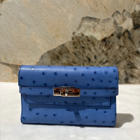 Hermes 海水藍銀釦鴕鳥皮KELLY釦三折中夾