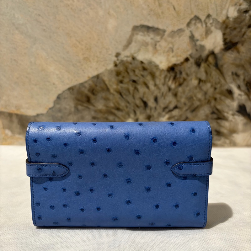 Hermes 海水藍銀釦鴕鳥皮KELLY釦三折中夾-1