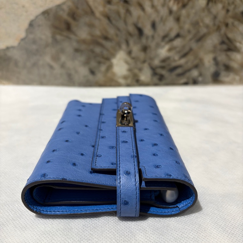 Hermes 海水藍銀釦鴕鳥皮KELLY釦三折中夾-3