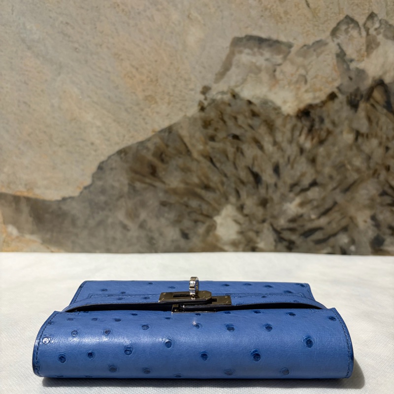 Hermes 海水藍銀釦鴕鳥皮KELLY釦三折中夾-4